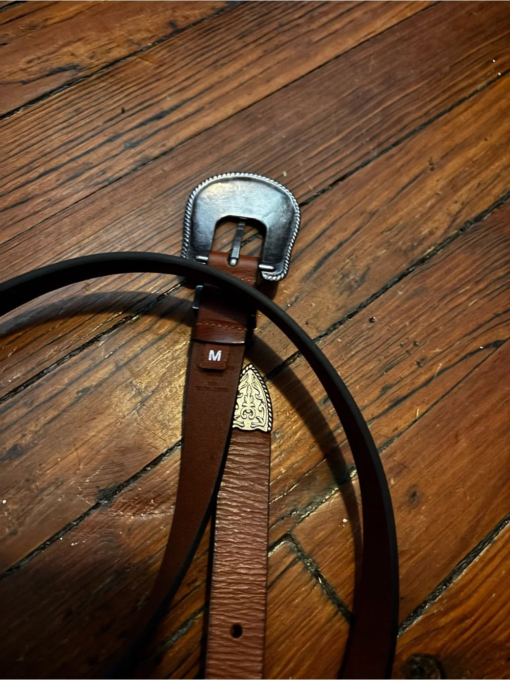 Lucky Brand Brown Leather Belt with Ornate Silver-Tone Buckle